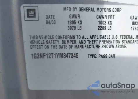 2000 Pontiac Grand Am Se1 z USA, uszkodzony, nr VIN 1G2NF12T1YM847345